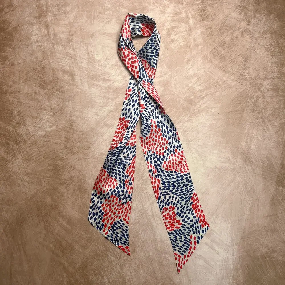 Vintage 70s Geometric Ascot Scarf Red Blue Tie Satin Retro CostumeDisco Hippie